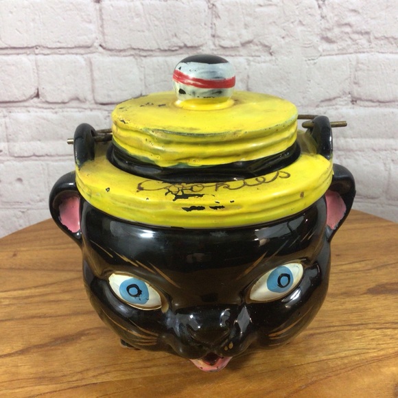 Vintage Hand Painted Americana Redware Norcrest Cookie Jar with Wire Handle - Picture 3 of 10